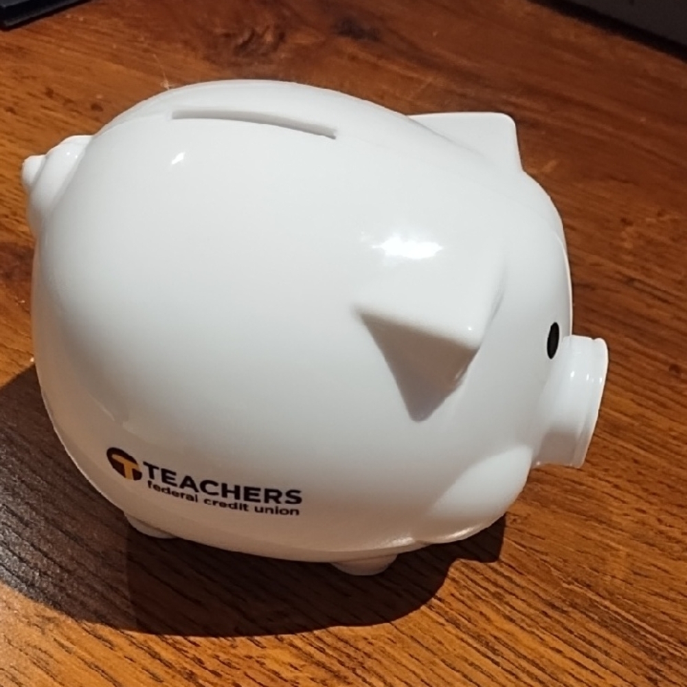 White Plastic Piggy Bank with Logo